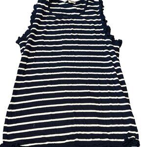 PEIONE -Navy Blue with white stripes tank Top -  Sleeveless ruffle - Small